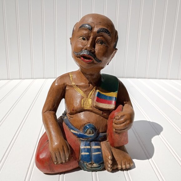 Wooden Indian Man Statue Hand Carved Made in India Vintage Sculpture MCM Native - Picture 1 of 13